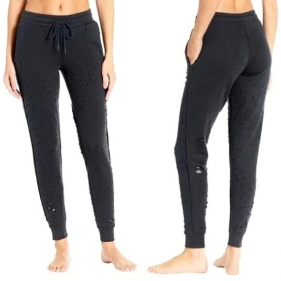 Alo Yoga Fierce Distressed Black Joggers - Picture 1 of 6